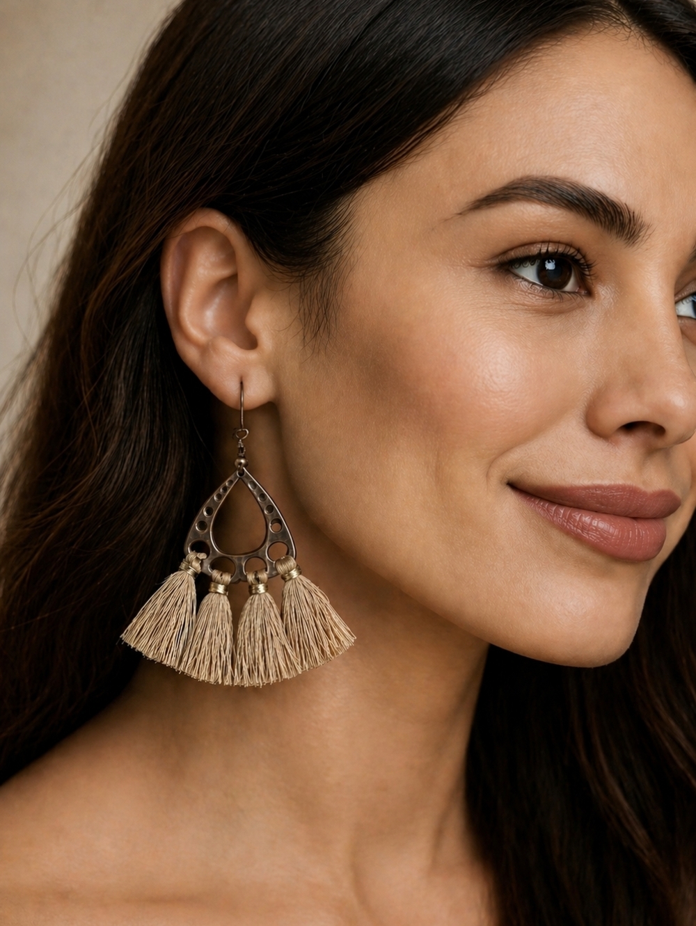 Camel Brown Threaded Fan Tassel Earrings